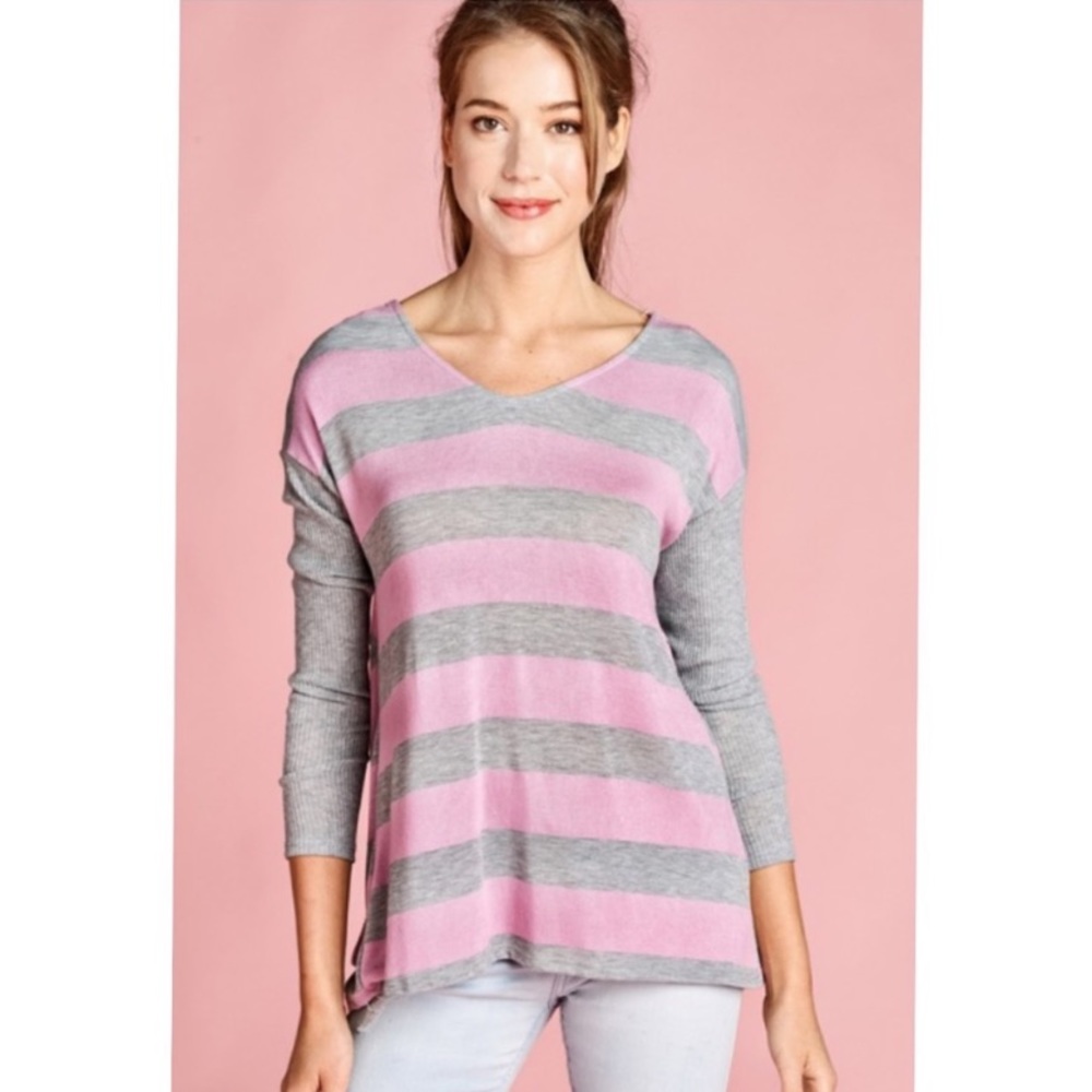 SALE ODDI Heather Gray Pink Stripe Twist Back Top - Picture 8 of 12